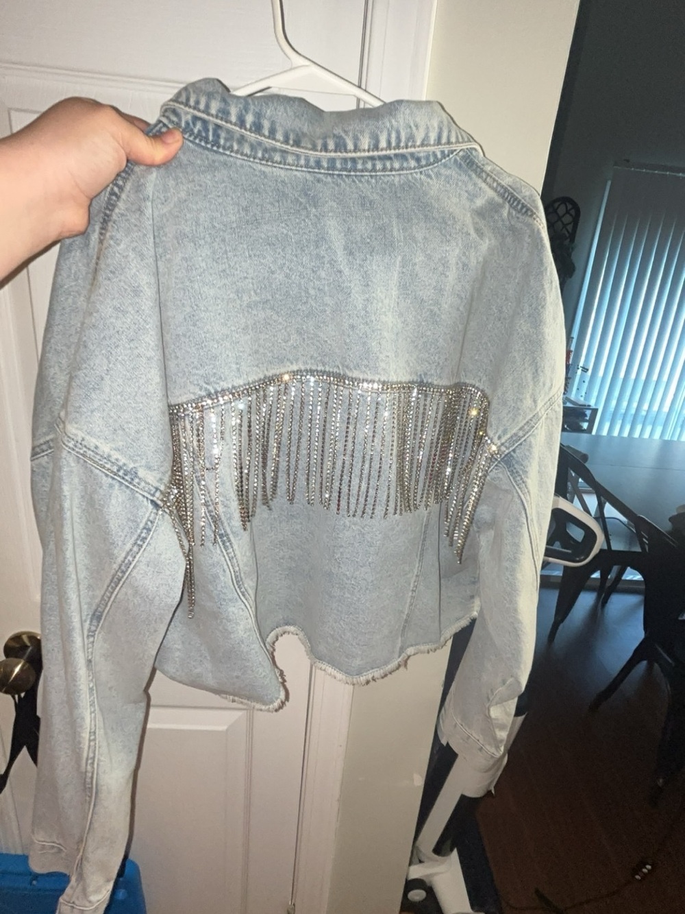 Rhinestone Fringe Light Wash Denim Jacket - Women